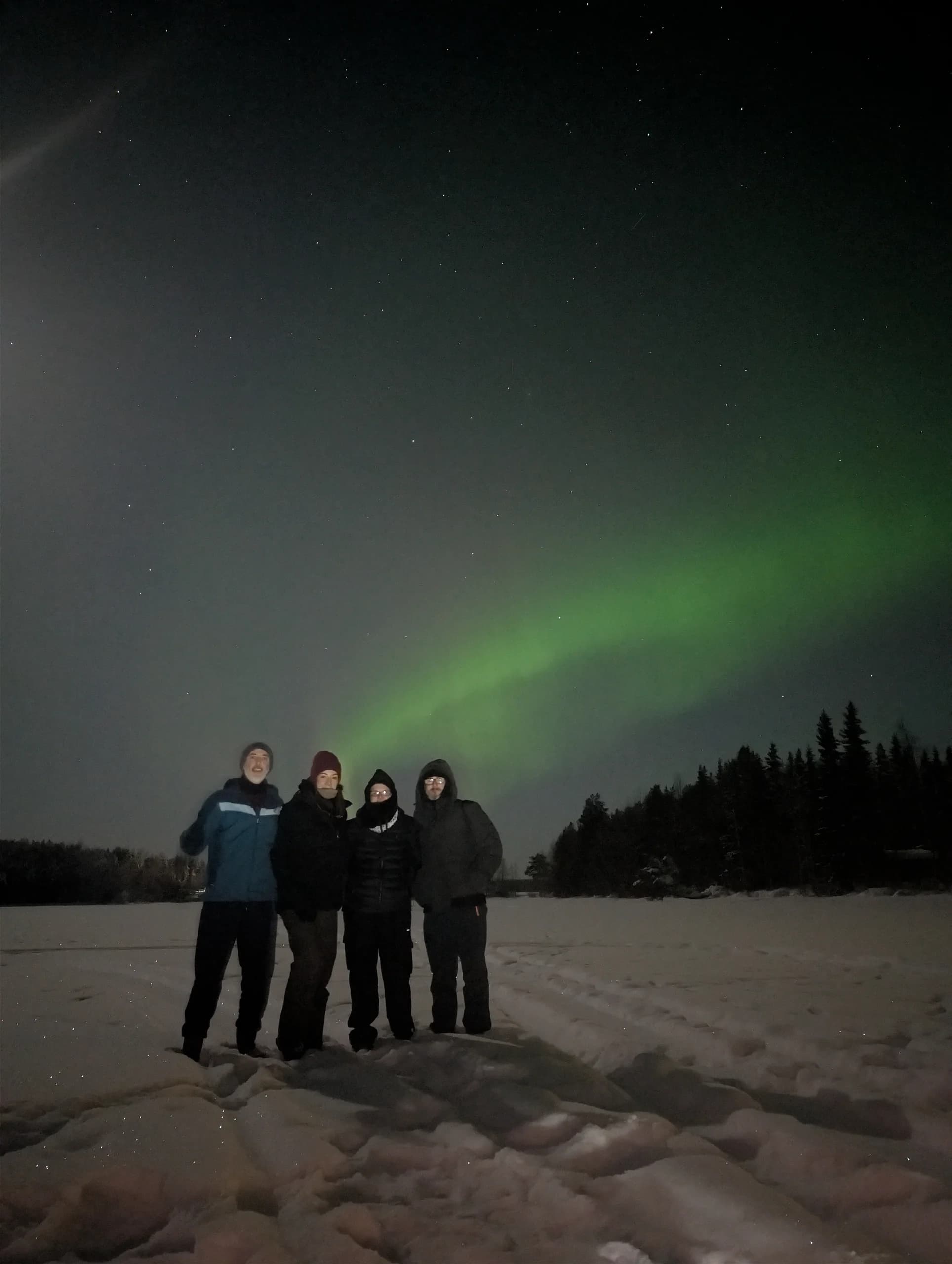 Four guests beneath the northern lights in a snowy landscape